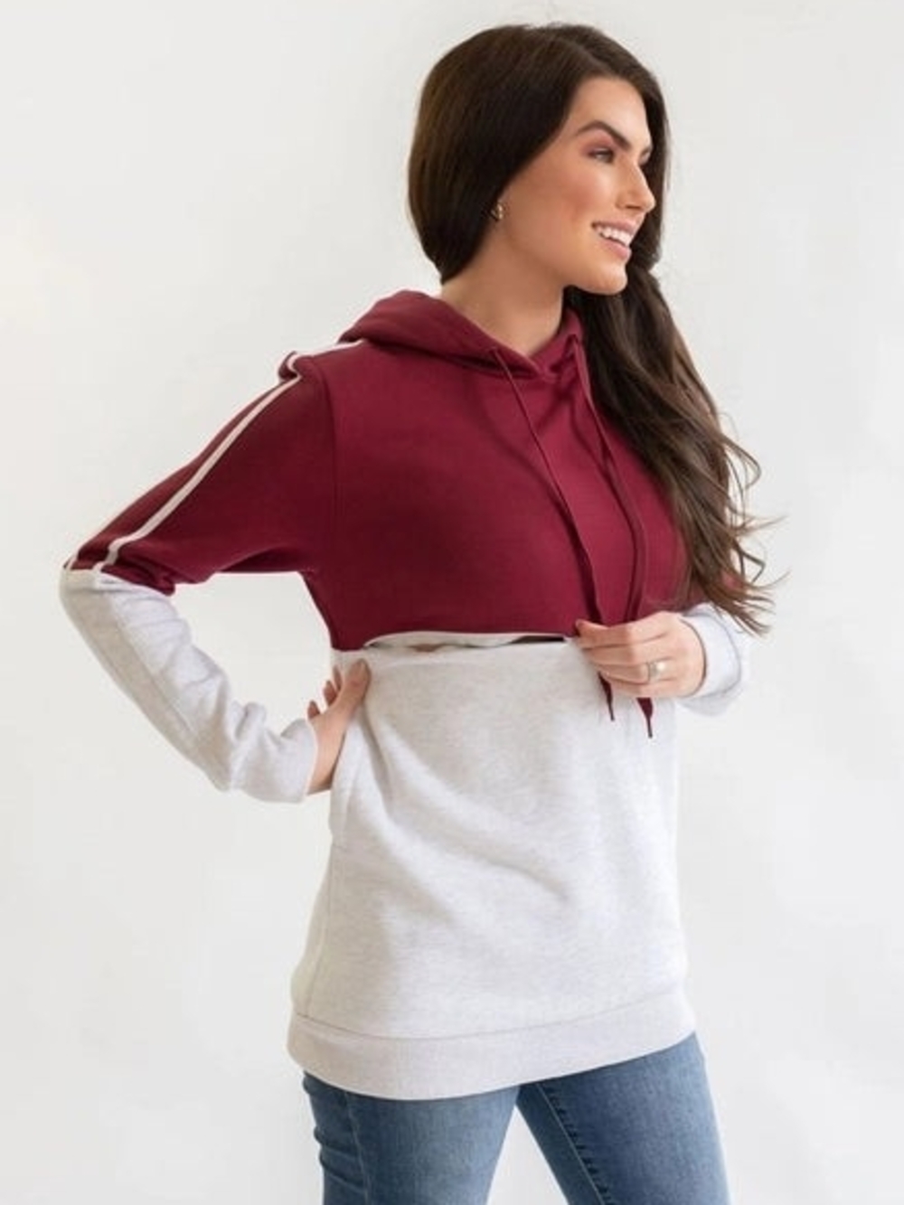 Nursing Queen Fleece Zip Colorblock Nursing Hoodie - Burgundy and Light Gray